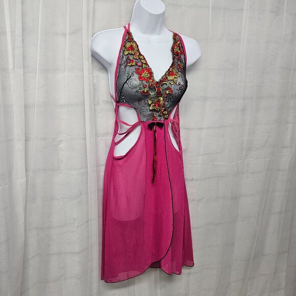 Y2K Pink Sheer Dress Whimsigoth Fairy Lace Floral Mesh Embroidered S - Picture 4 of 8